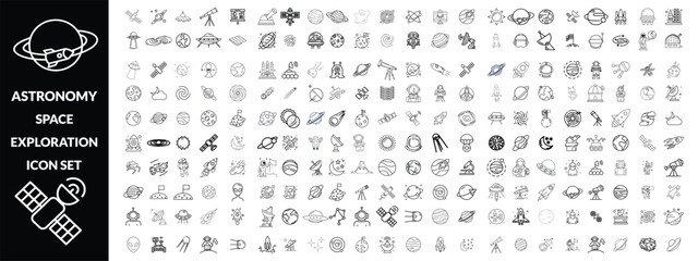 Astronomy and space exploration icon set. Thin line editable stroke icons for astrophysics, planets, rockets, astronauts, solar system, satellites, galaxies and outer space observation science