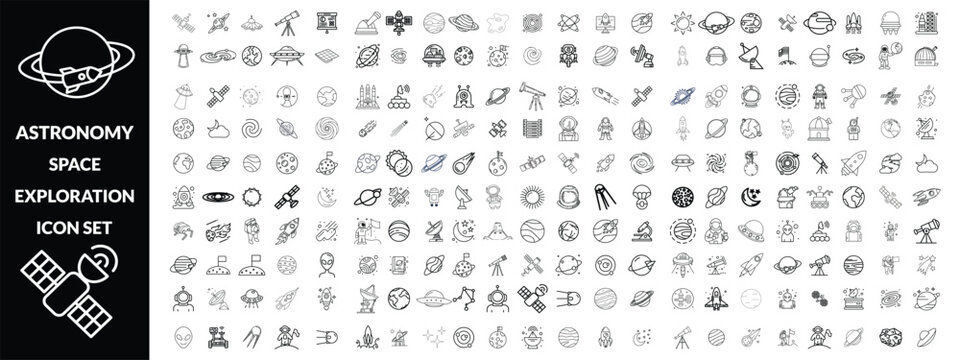 Astronomy and space exploration icon set. Thin line editable stroke icons for astrophysics, planets, rockets, astronauts, solar system, satellites, galaxies and outer space observation science