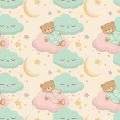 A cute and cozy pattern with sleepy teddy bears resting on pink clouds, accompanied by crescent moons, smiling mint clouds, and scattered stars.