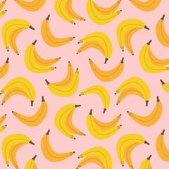 Naklejka premium Seamless vector pattern of yellow bananas on pink background. Hand-drawn flat style design for food and packaging.