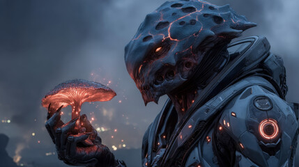 Astronaut monster eats Fly agaric. Greed and hunger of mankind concept. Pop art retro  illustration vintage kitsch