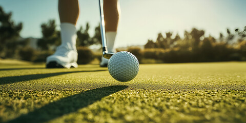 Perfect Golf Putting Technique: Close-Up Shot on Green Grass, Mastering the Short Game: Close-Up of Golf Ball Near the Hole in Summer Light