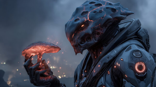 Astronaut monster eats Fly agaric. Greed and hunger of mankind concept. Pop art retro  illustration vintage kitsch