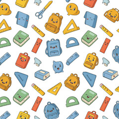 A colorful, cartoonish pattern features cheerful school supplies like backpacks, books, pencils, rulers, scissors, and erasers on a white background.