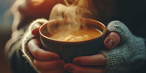 Comfort in a Bowl: The Soothing Warmth of Hot Soup in Gentle Hands, Steam & Serenity: A Heartwarming Bowl of Soup for the Soul