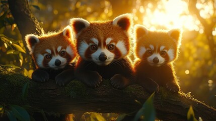 Obraz premium Three red pandas on a branch, bathed in golden sunlight