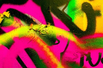 Neon graffiti art in vibrant green, pink, yellow. 80s, 90s urban style, fluorescent glow, street...