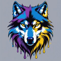 Naklejka premium Psychedelic wolf head graphic, vibrant colors dripping down