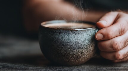 Hand holding warm coffee cup