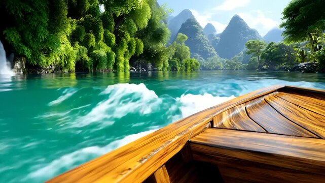 Serene boat floating calmly on a tranquil river surrounded by lush greenery and nature