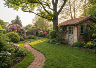 english country house with flowers, Backyard cottage garden on brown pavement, green grass lawn