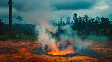 A red boiling well with smoke rising from it, with mud and some trees in the background