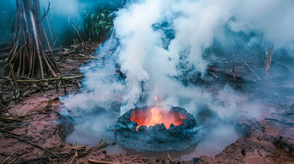 A red boiling well with smoke rising from it, with mud and some trees in the background