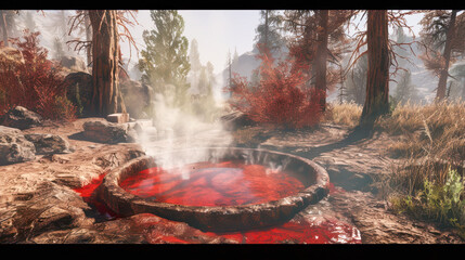 A red boiling well with smoke rising from it, with mud and some trees in the background