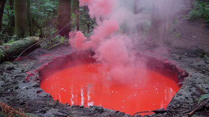 A red boiling well with smoke rising from it, with mud and some trees in the background
