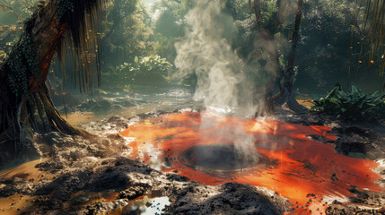 A red boiling well with smoke rising from it, with mud and some trees in the background