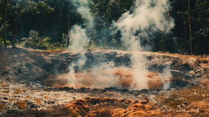 A red boiling well with smoke rising from it, with mud and some trees in the background