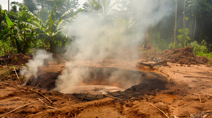 A red boiling well with smoke rising from it, with mud and some trees in the background