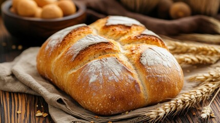 Freshly baked artisan loaf of bread on rustic linen cloth with wheat ears and eggs in the background.