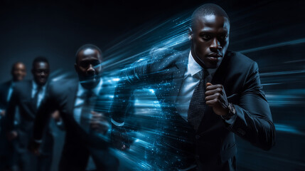 African businessman crosses the finish line chart of sales. Business and sport concept