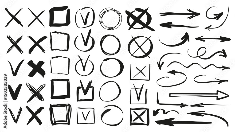 Poster check marks and arrows set of marker brush stroke texture. doodle handwriting elements with black ha