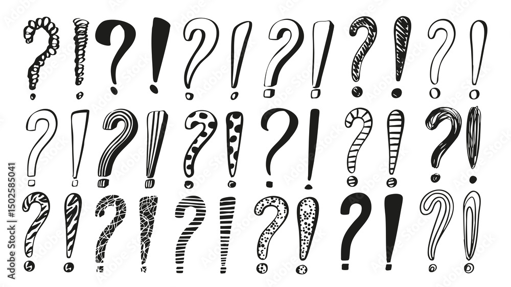 Poster exclamation and question marks set of marker brush stroke texture. doodle handwriting elements with 