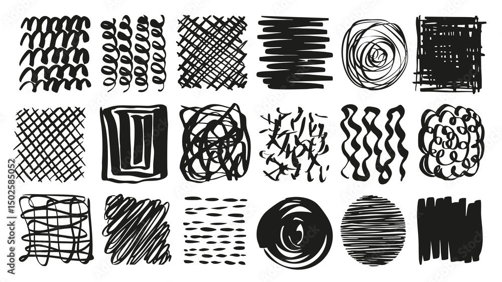 Poster scribble square and round shapes set of marker brush stroke texture. doodle handwriting elements wit
