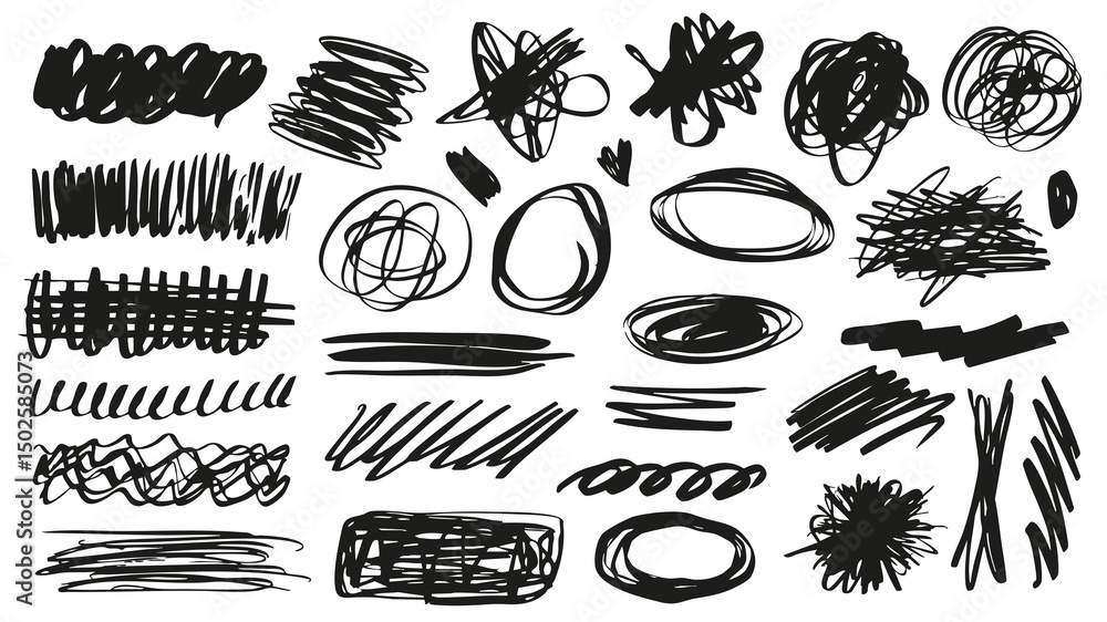 Poster scribble shapes set of marker brush stroke texture. doodle handwriting elements with black abstract 