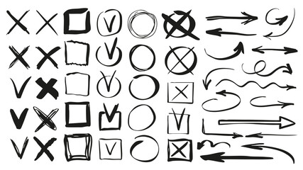 Plakat Check marks and arrows set of marker brush stroke texture. Doodle handwriting elements with black hand drawn cross or tick checkboxes, square vote frames and different cursors. Illustration.