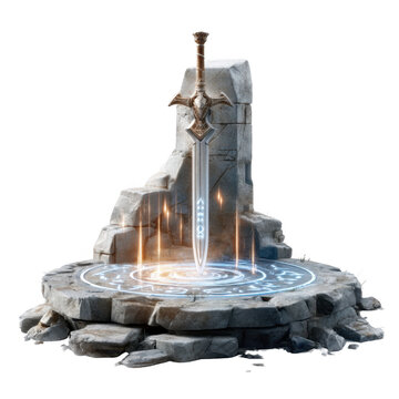 Fototapeta Majestic Fantasy Sword in Ancient Stone Ruins with Magical Glow A powerful weapon rests on a mystical altar
