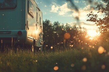 A motorhome in the foreground, set against a backdrop of a forest and a blue sky with white clouds