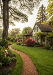 country house in the garden, Backyard cottage garden on brown pavement, green grass lawn