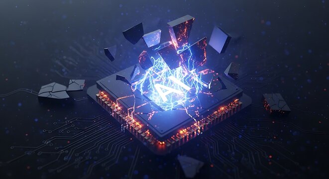 AI Processor Core Exploding with Energy on Circuit Board: High-Tech Artificial Intelligence Concept with Cybernetic Futuristic Style, Glowing Electric Sparkles & Power Surge, Digital Illustration