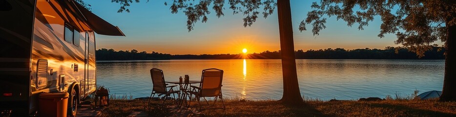 A panoramic view of the setting sun over the lake, at the campsite with an RV and tent, overlooking the water.