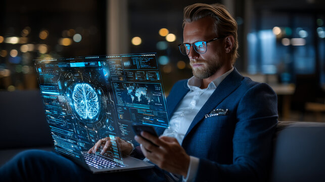 Businessman using laptop and mobile on global network connection of software development processes, application development tools, software engineering methodologies, programming languages, software.