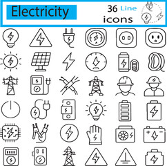 Electricity 36 line icons including conductor, battery, bulb, solar power, and many more