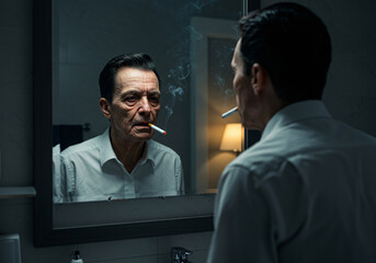 Man Smoking Cigarette Reflecting in Bathroom Mirror at Night