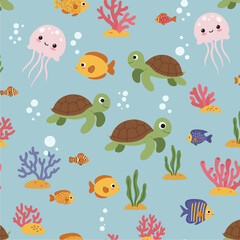 This cute cartoon underwater scene features turtles, jellyfish, colorful fish, and coral against a light blue background with scattered bubbles.