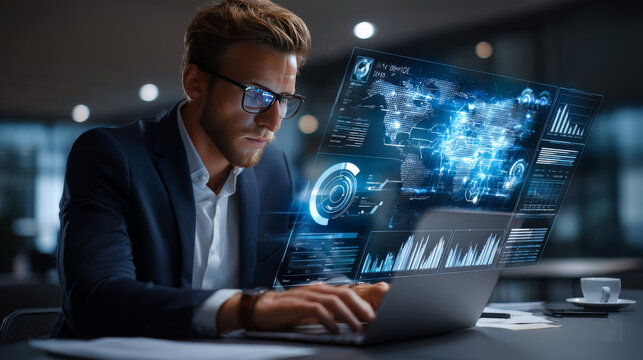 Businessman using a laptop and analyzing data on governance structures, growth opportunities, and performance metrics, with a focus on integrating insights from the global network to drive decisions.