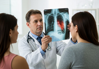 Doctor Explaining Chest X-ray Scan with Lung Disease to Patients