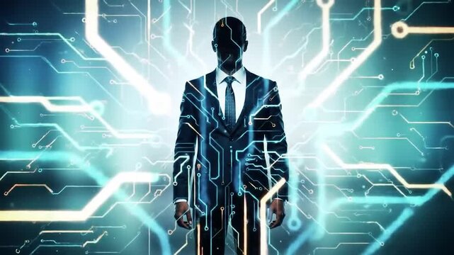 business man and technology background, with AI chip hologram screen animation 