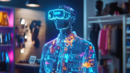 VR experience in a clothing store. A translucent, digital person wearing VR headset interacts with clothing in a retail environment.
