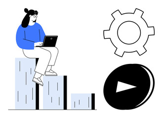 Woman using laptop atop graph bar. Gear and play button symbolize productivity, technology, start. Ideal for business strategy, workflow, learning, innovation, progress tech services simple landing