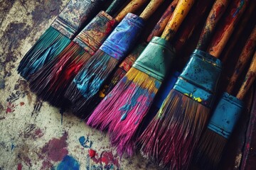 Fototapeta premium Vintage Artist: Close-Up of Paintbrushes, Palette, and Vibrant Stains in Creative Chaos