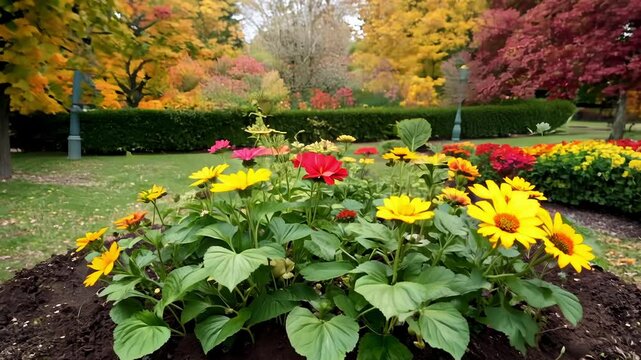 A lively cluster of colorful flowers flourishes in a well-tended garden, surrounded by lush greenery. The bright hues invite nature lovers to pause and enjoy the serenity of the park on a sunny day.