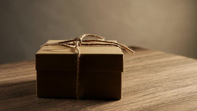 A beautifully wrapped brown gift box tied with twine sits on a rustic wooden table, evoking warmth
