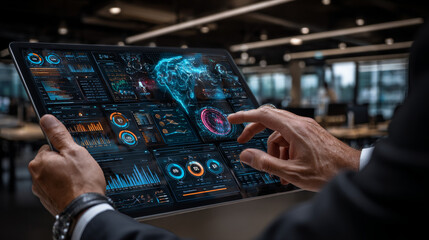 Fototapeta premium Business to business. Businessman using tablet analyzing B2B sales performance, transactions, customer relations, supply chain efficiency, marketing strategies, and partnership opportunities.