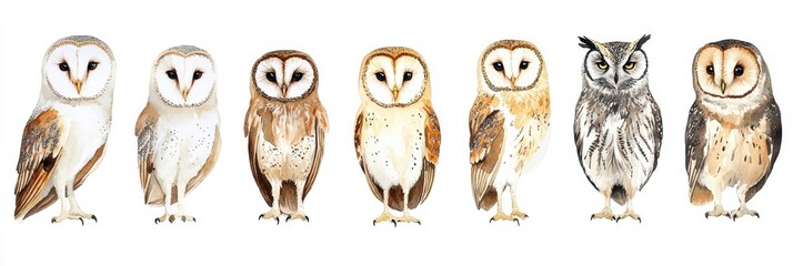 Whimsical Owl Illustrations: Hand-Drawn Watercolor Collection of Barn, Snowy, and Great Horned Owls in Enchanting Forest Setting