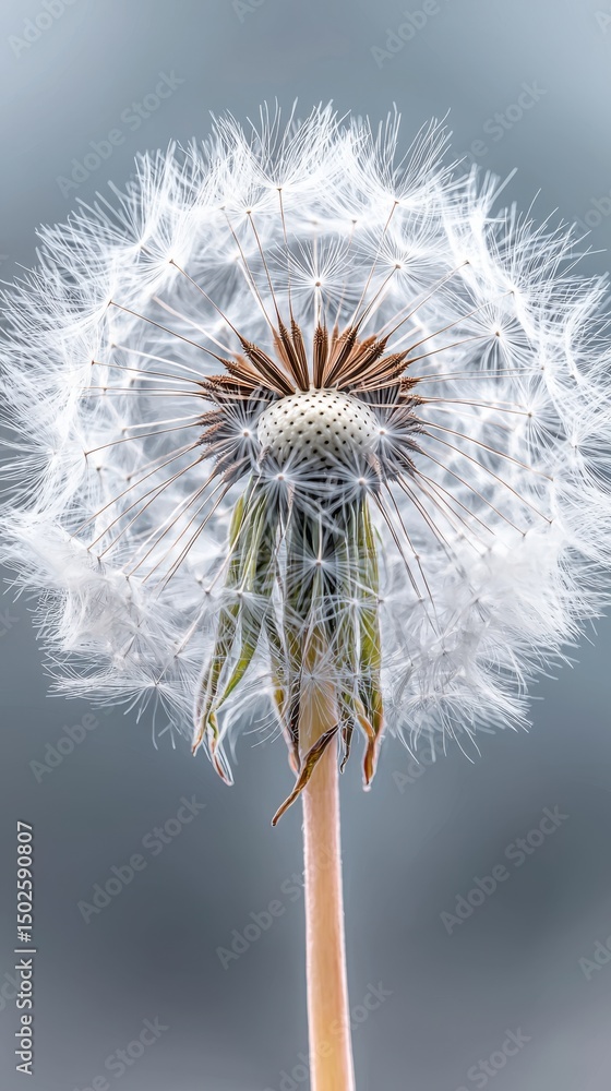 Poster soft wispy dandelion seedhead captured in a close up showcasing the intricate feathery details of th