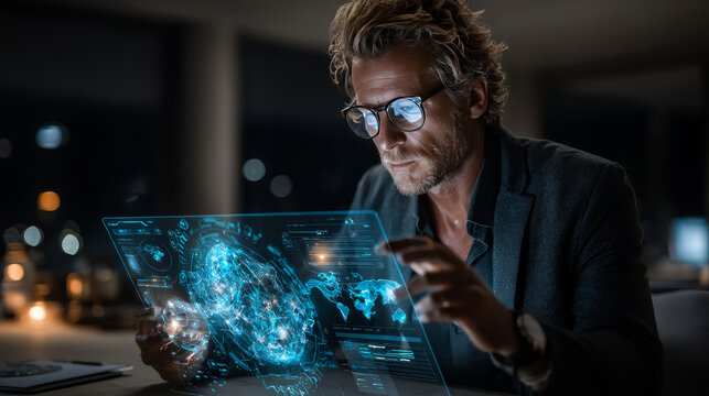 Automation. Businessman using tablet analyzing automation trends, operational efficiency, productivity metrics, industry performance, digital transformation strategies, process optimization techniques